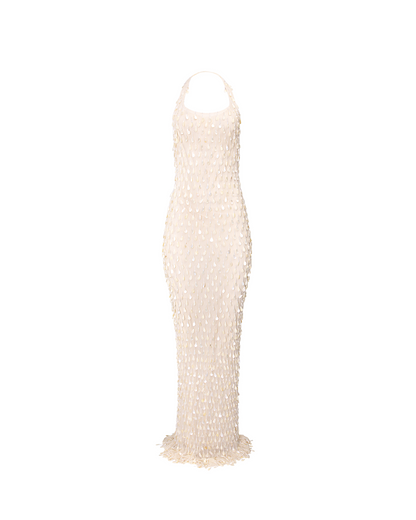 Harlow Mother of Pearl Embroidered Halter Gown